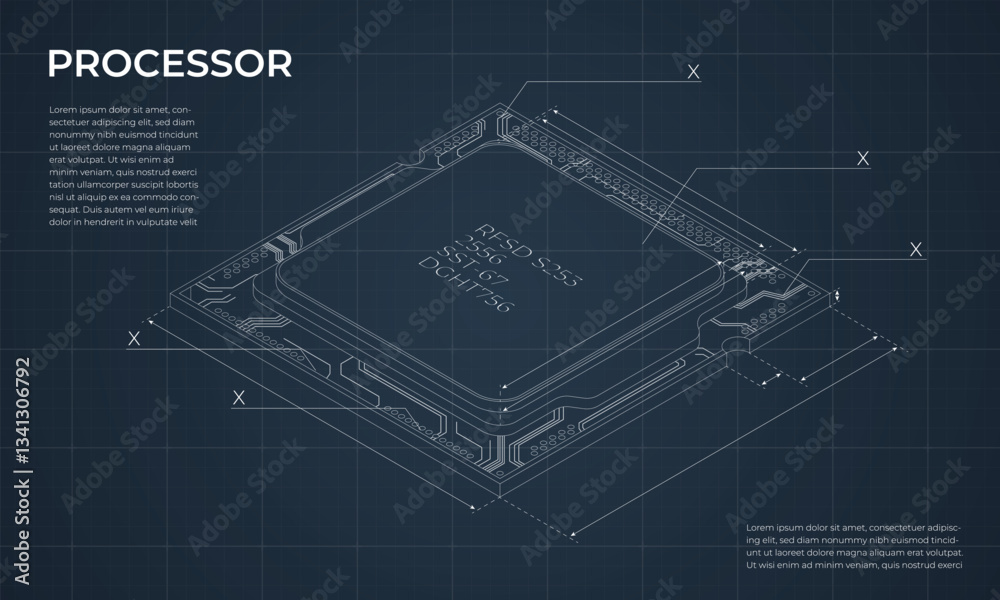 Poster isometric processor blueprint. central processing unit or cpu. computer hardware components. semicon
