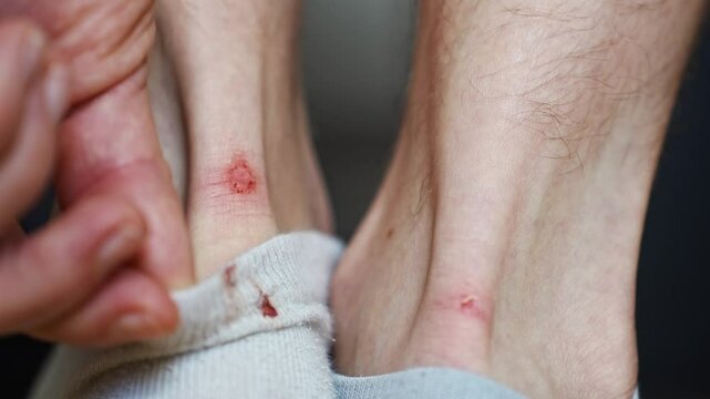 rubbed male heels. bloody calluses from uncomfortable shoes. the correct selection of shoes, a remedy for calluses, ways to stretch shoes.