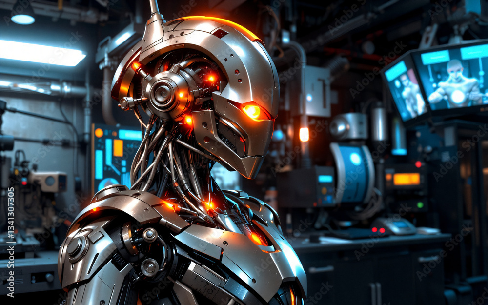 Leinwandbilder futuristic metallic robot with glowing orange lights stands in a workshop. sci-fi setting with tech 