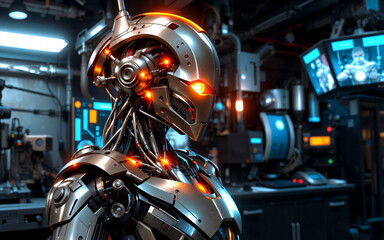 Fototapeta premium Futuristic metallic robot with glowing orange lights stands in a workshop. Sci-fi setting with tech equipment and screens in background.