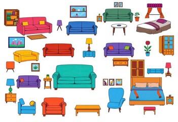 A colorful vector illustration showcasing diverse furniture styles, including sofas, chairs, tables, and beds, on a clean white background, decor, classic