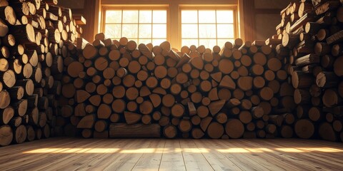 Rustic interior featuring a large stack of firewood logs against a sunlit window, creating a warm and inviting atmosphere