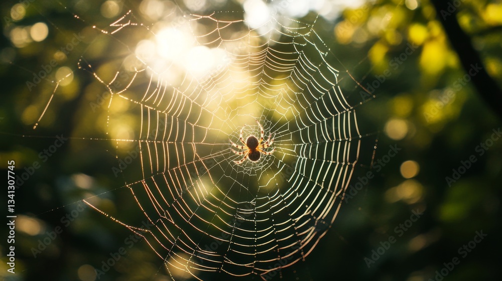 Poster a wide shot of a spider spinning its web in the middle of a quiet forest, with the web catching the 