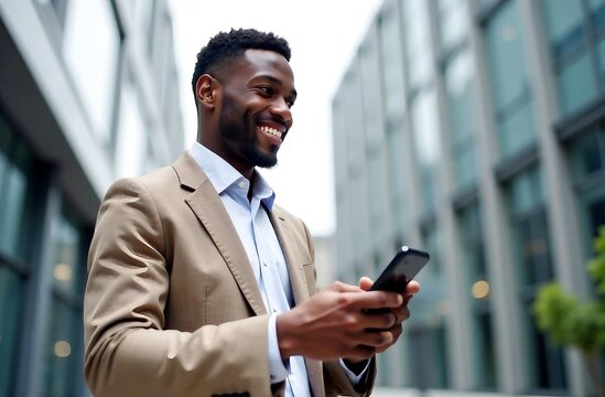 Pondering african american businessman looking away and smiling while holding smartphone in hand, urban office buildings background, place for text
