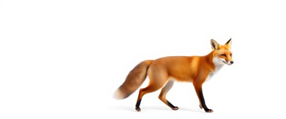 Obraz premium A determined red fox mid-stride, bushy tail aloft, sharp ears pointed, against a pure white backdrop, bushy tail, wild