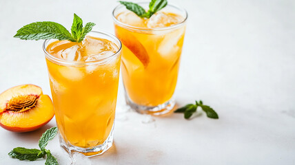 Two glasses with peach lemonade on white background. Summer refreshing drink recipe. Homemade fruit tea with ice. Restaurant menu.
