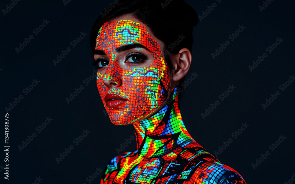 Poster woman with vibrant pixelated patterns projected on her face and body, creating a digital and futuris
