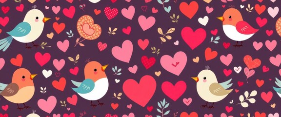 Adorable cartoon birds, hearts, and love-themed elements in a whimsical seamless repeat pattern, heart, feathers