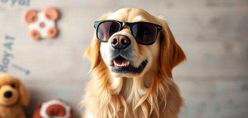 Adorable golden retriever wearing sunglasses, playful pet background,  dog sunglasses,  golden retriever puppy