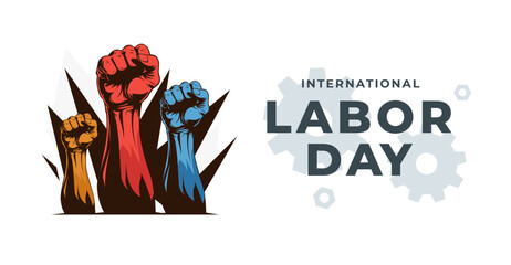 A vector design themed for International Labor Day featuring clenched fists, a symbol of workers' struggle. Includes gears and industrial elements, reflecting solidarity and justice for workers 