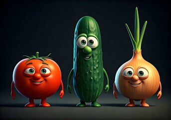 Fototapeta premium A group of three funny various vegetables: tomato :: cucumber :: onion. Created with Generative AI technology