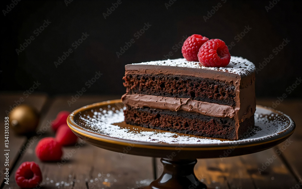 Poster delicious chocolate cake slice topped with fresh raspberries and powdered sugar, presented on a brow