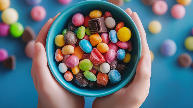 Woman Hand Holding Bowl of Candies. Ramadan Feast Celebration Concept, Colorful Candy and Chocolate