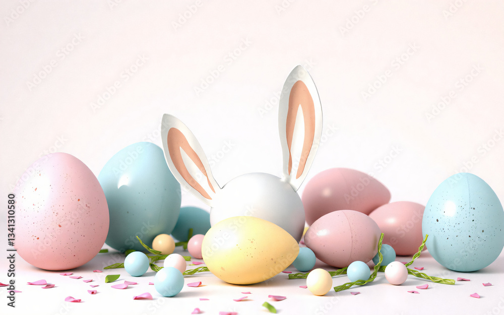 Poster pastel easter eggs and bunny ears create a festive spring scene. colorful eggs scattered with bunny 