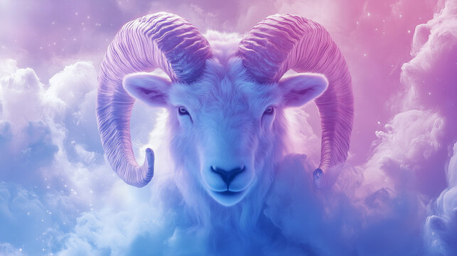 Aries zodiac head in heaven, surrounded by clouds with soft pastel colors - Powered by Adobe