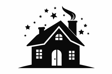 house with chimney and stars above icon line art silhouette vector illustration