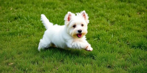 A fluffy white West Highland Terrier puppy plays on lush green grass, summer,  dog breeds