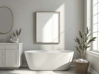 A white bathtub with a plant in a basket next to it. The bathroom is clean and well-lit