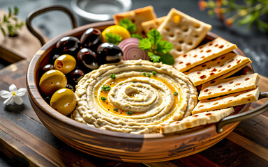 Delicious hummus dip served in a wooden bowl with olives, crackers, lemon, red onion, and fresh herbs, perfect for a tasty snack or appetizer.