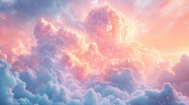 A heavenly ethereal and celestial background with soft pastel clouds and glowing light