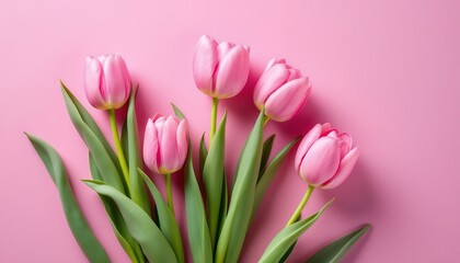 Fototapeta premium Elegant Pink Tulips Bouquet on Soft Pink Background: A Delicate Spring Floral Arrangement