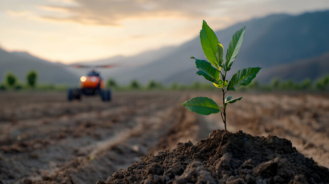Drone Swarm Planting Trees in a Barren Desert at Sunset - Powered by Adobe