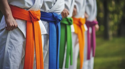 Fototapeta premium Martial artists with colorful belts stand in a line outdoors.