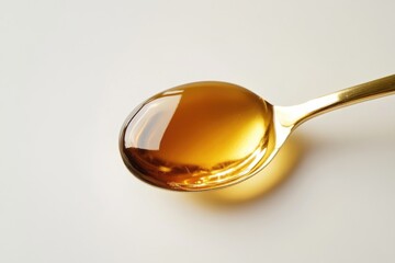 A golden spoon holds a glistening amber liquid, possibly honey or oil.