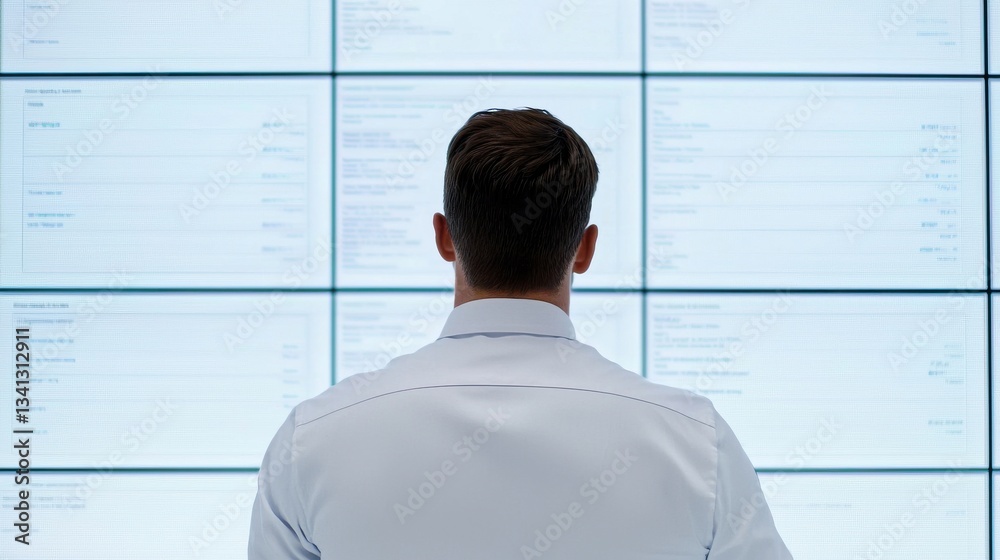 Poster man analyzing data on multiple screens in modern control room
