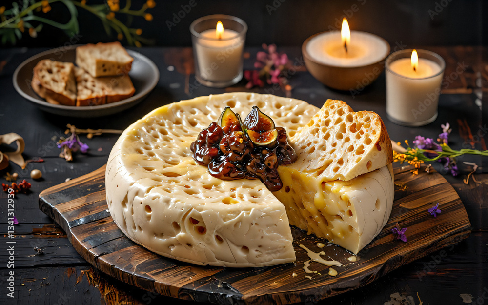 Poster a wheel of cheese is presented on a wooden board, topped with figs and jam. candles and bread are ar