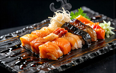 Delicious sushi assortment on a dark plate. Fresh salmon and other fish fillets are artistically arranged with ginger and greens. Steam rising adds to the appetizing presentation.