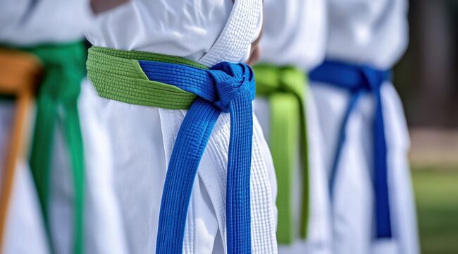 Colorful martial arts belts on white uniforms symbolize discipline and progress.