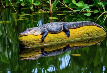 Alligator basks on mossy log in still swamp water, lush green vegetation, scales,  mud