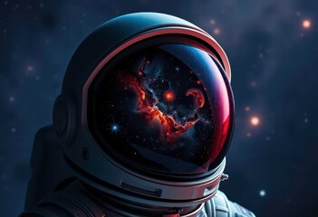 A lone astronaut's helmet reflects a nebula, stars, and distant galaxies, light, adventure