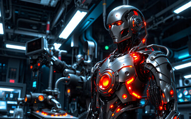 Fototapeta premium Metallic robot with red glowing accents stands in a high-tech, industrial lab. Futuristic machinery and screens fill the background.