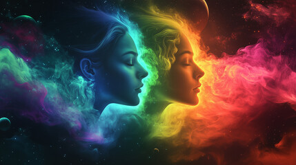 Zodiac gemini in space with colorful neon space