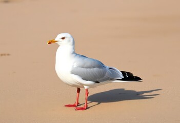 Naklejka premium A lone seagull stands on a sandy beach, wings slightly spread, sand, legs