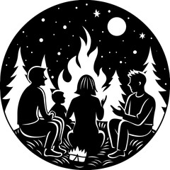 Silhouette vector illustration of a family sitting around a campfire, sharing stories and enjoying quality time together 