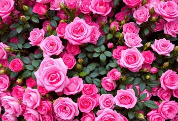 A lush background of pink roses, soft petals and vibrant color, beauty, close up