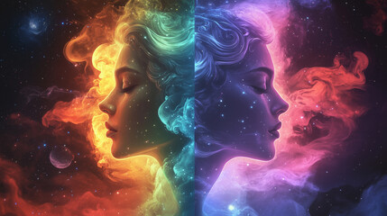 Zodiac gemini in space with colorful neon space