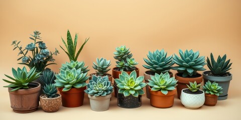 Fototapeta premium A vibrant collection of succulents in terracotta and neutral pots arranged on a beige background
