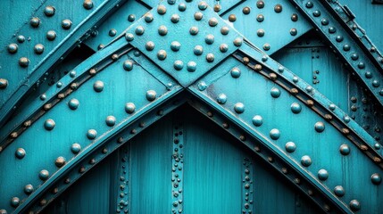 Fototapeta premium Detailed close-up of teal metal beams, rivets, and joints on a bridge