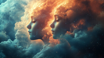 Obraz premium Two heads, gemini zodiac, mystic sky with clouds and glowing or burning elements