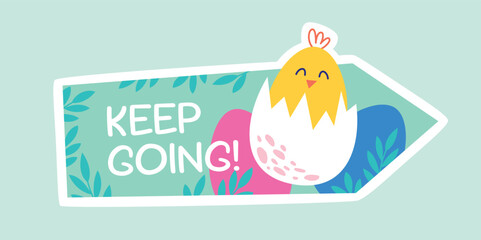 Egg search direction indicator with hatched chick for Easter Egg Hunt. Vector illustration template for Easter holiday celebration