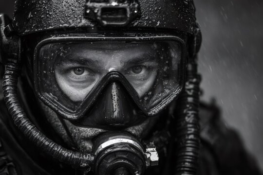 Navy seal frogman wearing diving gear during a special operation in the rain