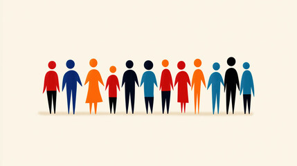 Minimalist illustration of diverse stick figure people standing together symbolizing unity diversity and inclusion in a community concept