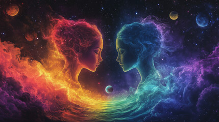 Zodiac gemini in space with colorful neon space