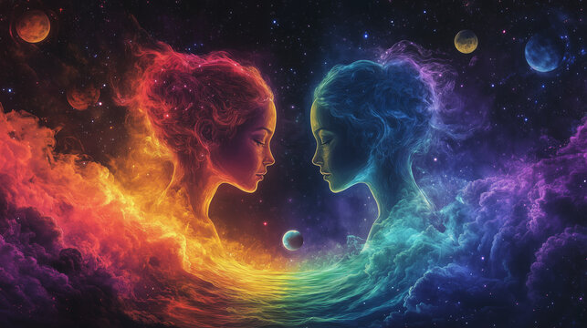 Zodiac gemini in space with colorful neon space