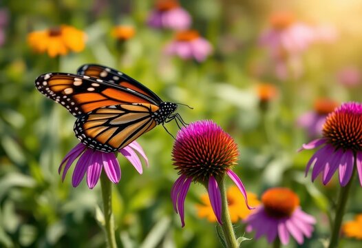 A monarch butterfly with spread wings, perched on vibrant purple coneflower in sun-drenched garden, outdoor, summer