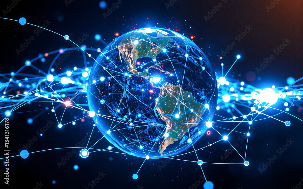 Aufkleber Illuminated Earth globe with glowing blue lines and dots around it. Represents global network, connection, and digital technology.